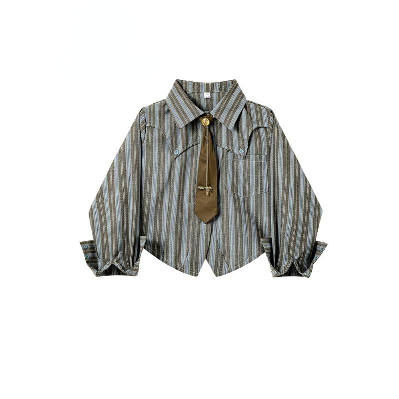 Женские рубашки в полоску, блузки, винтажные рубашки в стиле Харадзюку, эстетика 90-х годов Y2k, элегантные рубашки 2000-х с воротником-поло и длинными рукавами, осенняя одежда 2000-х годов S коричневый